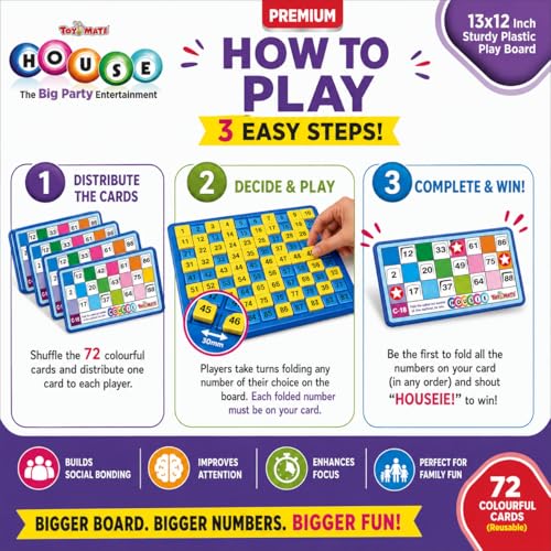Image of toymate Premium Housie Game - The Big Party Entertainment | 72 Reusable Colourful Cards, 13x12 Inch Plastic Play Board, 30mm Big Tiles | No Pins or Pencils Needed | Family Fun Tambola Game