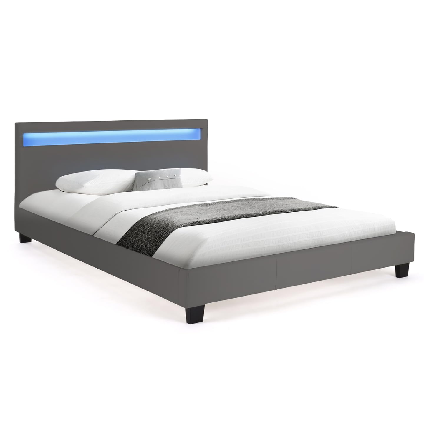 IDMarket - Lit Double Neo avec tête de lit LED intégrées et sommier 140 x 190 cm PVC Gris