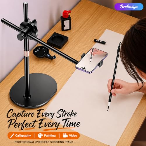 Image of BROLAVIYA Overhead Video Floor Stand, Premium Metal Body, 1 /4 inch Head for Webcam,Gopro, 360 Rotation with Mobile Bracket for YouTube, TikTok, Desktop, Bedroom, Cooking and Recording. Black