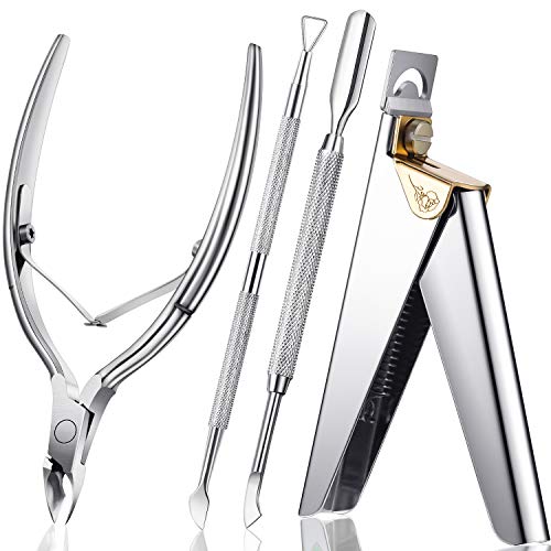 4 in 1 Acrylic Nail Clipper False Nail Tips Clipper Cuticle Trimmer Nipper with Cuticle Pusher Cuticle Remover, Stainless Steel Nail Manicure Set for Salon Home Nail Art Manicure Tool (Silver)