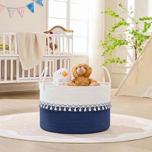 Image of KAKAMAY Cotton Rope Storage Basket (20 inchx13 inch),Woven Hamper for Blankets,Toys,Pillows,Clothes,Laundry,Sturdy Handles Decorative Basket for Living Room, Bedroom,Nursery(Blue /Blue Fringe)
