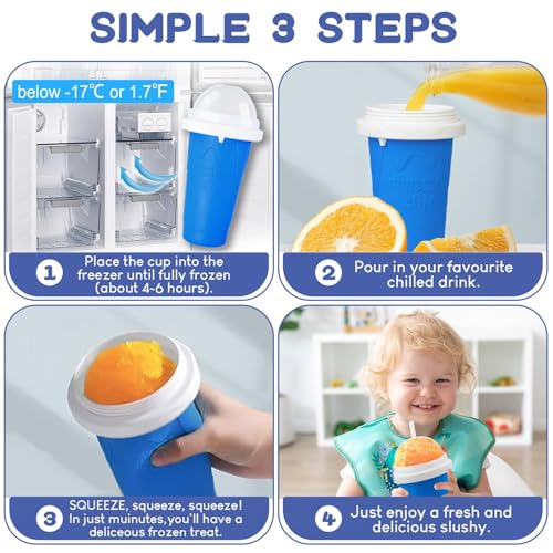Image of FANS-ONE Slushie Cup, 2 Pack Slushy Maker Cups, DIY Magic Squeeze Cups for Juice Milk Yogurt Make, Portable Double Layer Cup with Lid & Straw Cool Stuff Things for Kids Friends Family (Blue+New Pink)