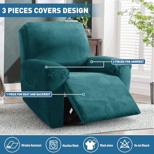 Image of ZNSAYOTX 2026 Velvet Oversized Recliner Cover 3-Piece, Luxury Plush Recliner Chair Cover with Elastic Band & Ties Stay in Place, Stretch Reclining Slipcover for Lazy Boy Soft Washable (Blackish Green)