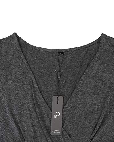 OUGES Womens Long Sleeve V-Neck Wrap Waist Maxi Dress(Gray,M)