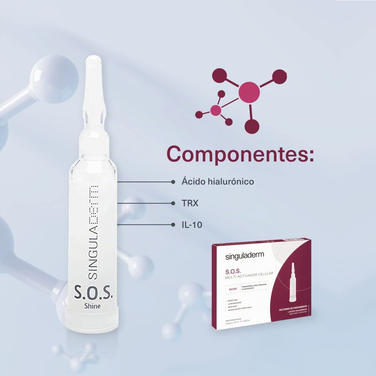 Singuladerm - S.O.S Shine 4 viales x 10,5 ml cada uno - Sérum antiedad con Factores de Crecimiento Naturales y Ácido Hialurónico para piel con manchas