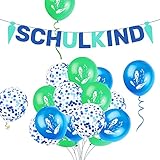 🎈 Was Sie bekommen: 1* SCHULKIND Girlande in Blau+ 10* Latex Ballons + 5 blaue Konfetti Ballons + Ballonbänder. Party Deko zur Einschulung und Schulanfang - Bunt, fröhlich und verspielt.