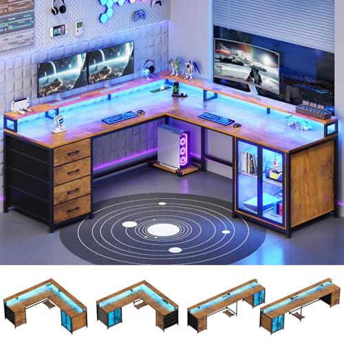 SEDETA L Shaped Gaming Desk with 4 Drawers, 109” Computer Desk with Display Cabinet, Home Office Desks with 2 Monitor Stands, CPU Stand, LED Lights