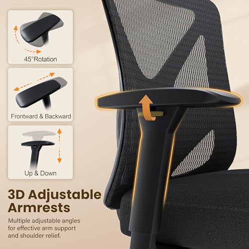 Image of Ergonomic Office Chair, Mesh Computer Desk Chairs with Adjustable Lumbar Support, 3D Armrests, Tilt Function, Comfy Wide Seat, Executive Work Task Chair for Company and Home (Sponge Cushion)