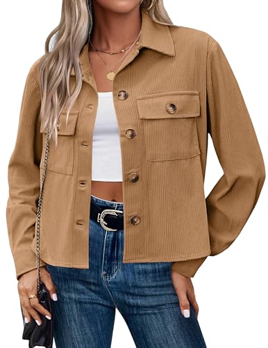 Image of Zeagoo Womens Fashion Cropped Corduroy Shackets Button Down Jackets Tops Fall Trendy Lightweight Long Sleeve Shirts