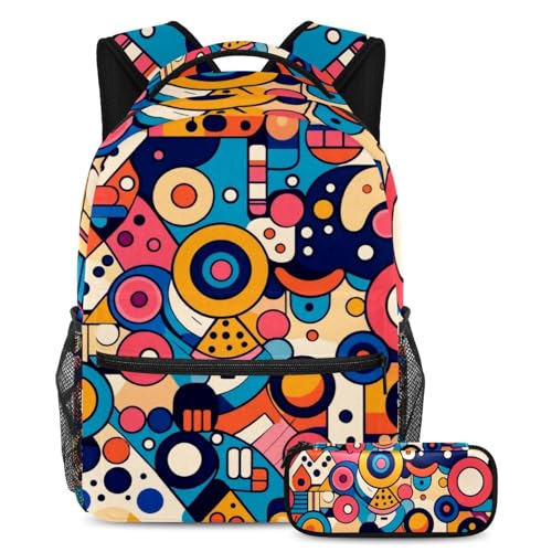 Sac à dos scolaire grand format et trousse assortie pour ados au style géométrique coloré