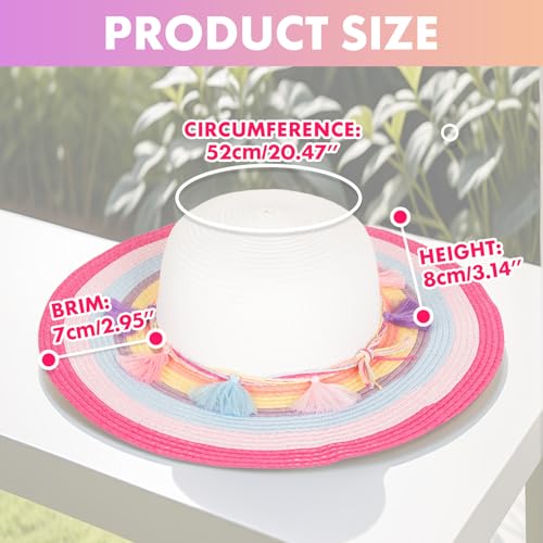 PinkSheep Girls Sun Hat,Cute Summer Straw Beach Hat for Toddler Kids with Wide Rainbow Brim & Tassels - UPF 50+3