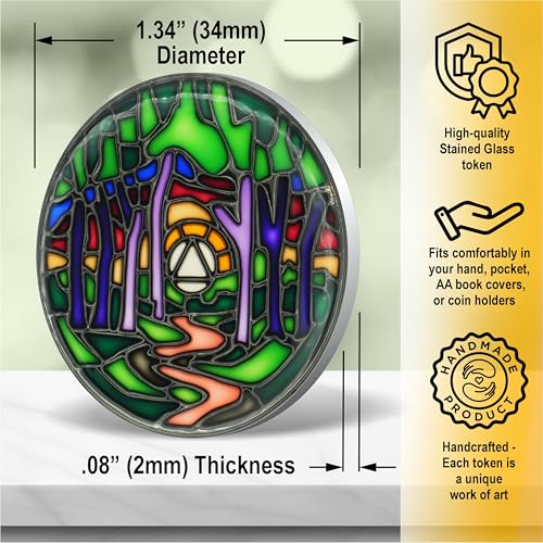 stained glass aa coin scenic journey alcoholics anonymous addiction recovery sobriety chip medallion inspirational sober gifts for men and women by the token shop winding path of recovery forest