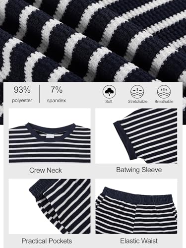 Image of Girls Summer Outfits Striped T-Shirt & Shorts Set for 5-14Y | Kids 2 Piece Clothing, Breathable Textured Tops and Bottoms with Pockets, Great for Casual Wear, School, Sports or Vacation