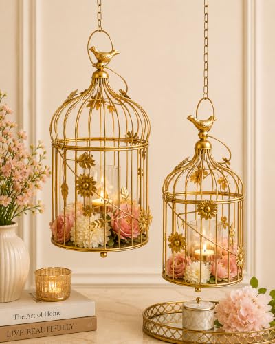 Image of Homesake Golden Metal Cage Tealight Candle Holder Set of 2 with Floral Vine Design & Hanging Chain, Decor Lantern for Home Decor, Living, Balcony, Wedding, Diwali Decoration, Return Gifts for Pooja