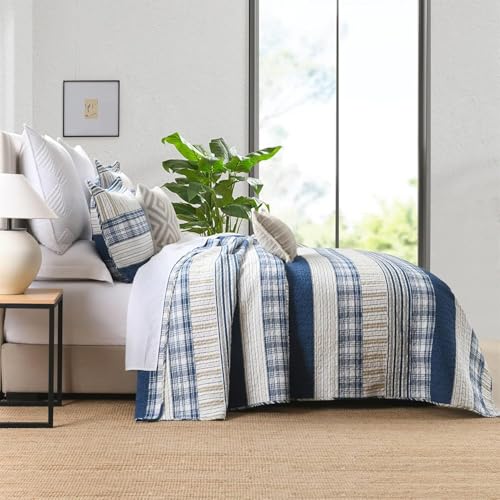 Image of Homzard Twin Comforter- Blue Twin Bedding Sets, Plaid Striped Twin Quilt, Blue White Tan Quilt 100% Cotton, Farmhouse Comforter Bedspread 2 Pieces