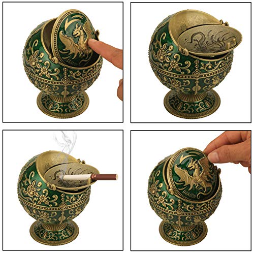 K COOL Pterosaur Windproof Ashtray with Flip Lid for Cigarette Metal Smoking Ash tray Indoor Outdoor, Rose Pattern Classy Gift for Women Men(Dark Green-Bronze) - Image 5