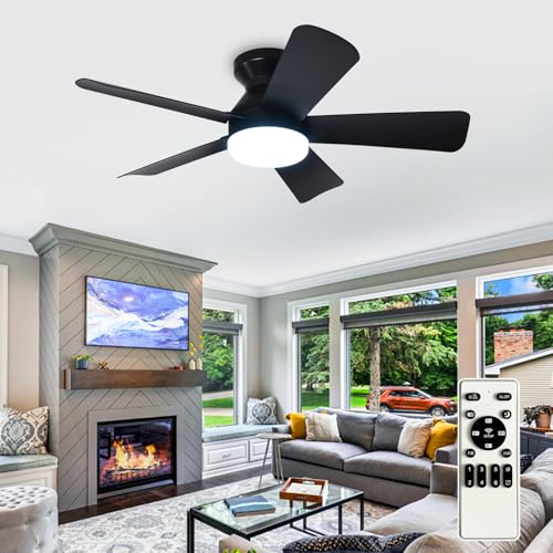 Image of Depuley Modern Ceiling Fan with Light: 35-Inch Black Small Fans for Bedroom Indoor Outdoor - Dimmable Low Profile Ceiling Fans with Remote Control Flush Mount 5 Reversible Black Blades 6 Speeds Timer