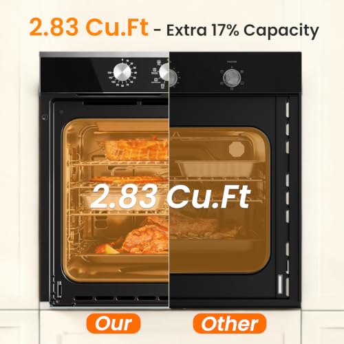 Image of VIKIO HOME Single Wall Oven 24 inch, 2.83 Cu.Ft-80L with 8 Functions Built-in Electric Ovens, 240V, 3220W Fast Preheat, Mechanical Knob Control for Easy Cooking
