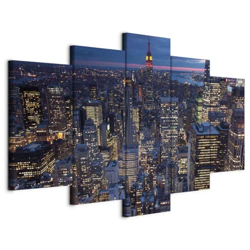 B&D XXL - Tableau décoratif moderne 225x112,5 cm - Impression sur toile colorée - Décoration murale pour salon et chambre - Cadre en Bois - Bleu gris - Ville de new...