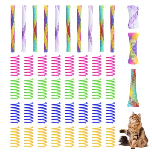 42 PCS Jouets à Ressort pour Chats, Comprenant 32 Ressorts et 10 Tubes Extensibles Souples(Couleur Aléatoire), Plastique Durable et Coloré Ressort Chat...
