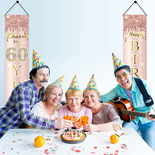 Image of 60th Birthday Decorations Door Banner for Women, Pink Rose Gold Cheers to 60 Years Birthday Backdrop Sign Party Supplies, Happy Sixty Birthday Porch Decor for Outdoor Indoor