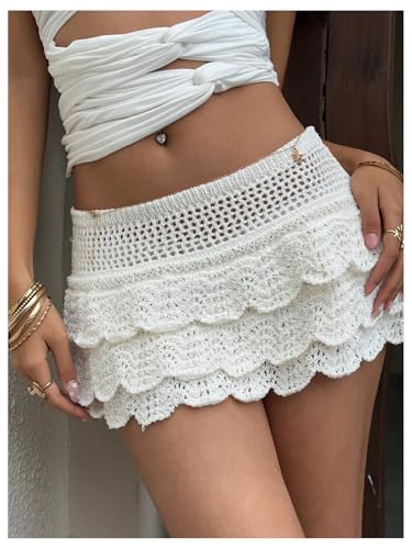 WDIRARA Women's Boho Crochet Layered Mini Skirt Hollow Out Scalloped Knit Skirts3