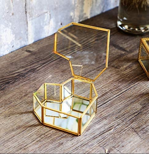 Art India Collections Heart Shaped Jewelry Organizer Brass Glass Box 5x5x1.5″