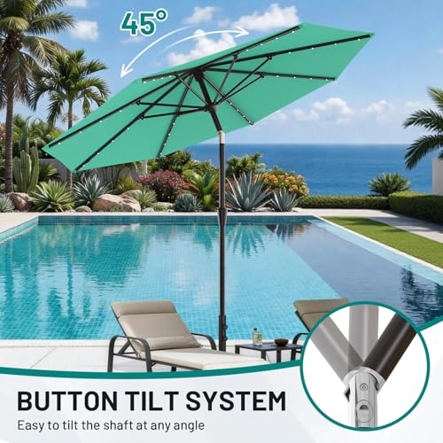 Image of AreShark 9FT Patio Umbrella with Solar Lights, 32 Lighted Pool Umbrella w /Tilt and Crank, Outdoor Market Solar Umbrellas for Garden, Deck, Backyard, Pool and Beach, Cerulean