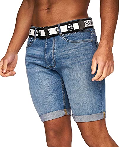 Crosshatch Mens Stretch Denim Shorts Belted Knee Length Roll Up Faded Casual New, Light Wash, 34W