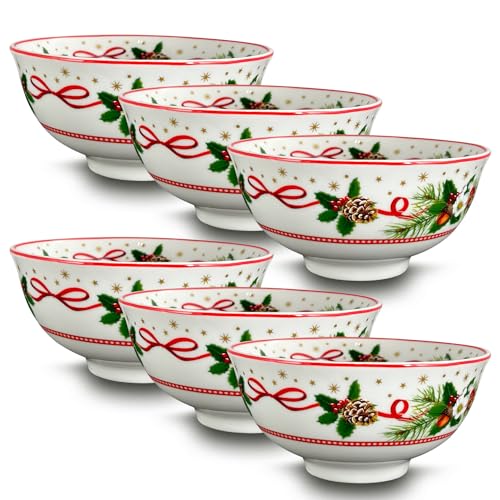 ARCA, Set di 6 Ciotole in Porcellana, per 6 Persone, con Decorazione Natalizia Babbo Natale, Resistenti e Durature, Ideali per la Tavola, Idea Regalo di Natale, 12x5,5 cm