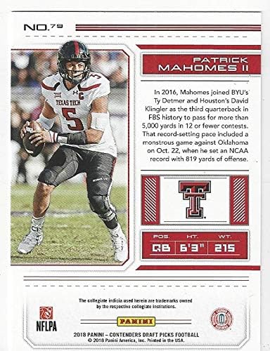 Pat Mahomes II Rookie Collectible Football Card - 2018 Panini Contenders Draft Picks Basketball Card #79 (Texas Tech Red Raiders) Free Shipping