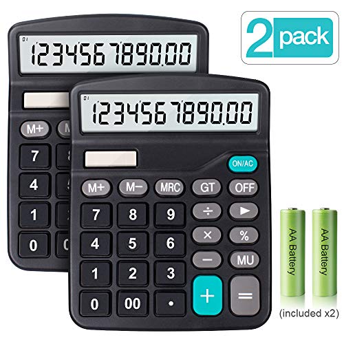 HANPURE Solar Power and Battery Powered 12 Digit Large LCD Display Large Button Desktop Calculator Pack of 2 Black