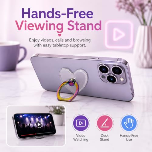 Image of KolorFish Transparent Mobile Phone Ring Stand Holder | Phone Ring Holder Finger Grip 360 Degree Rotation (Rainbow Heart)