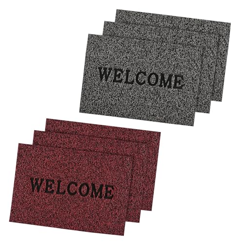 Image of Kuber Industries Pack of 6 Anti-Slip Welcome Print Grass Door Mats for Home| (16x24 Inch) Main Entrance Footmats for Bathroom, Living Room & Office | Grass Cut -Red & Grey