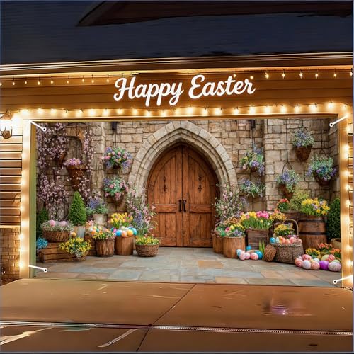 Image of Spring Castle Door Garage Cover 157x70 inch Floral Baskets Colorful Eggs Stone Arch European Outdoor Mural Banner Waterproof Home Decor