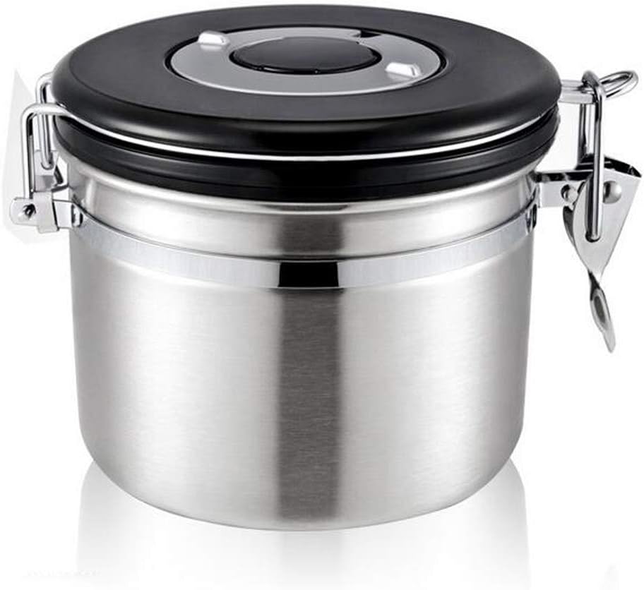 joyMerit Stainless Steel Airtight Canister with Co2 Vent Valve＆ Date Tracker Wheel and Locking Clamp for Kitchen, Coffee Ground Vault Jar, Silver, 27-ounce