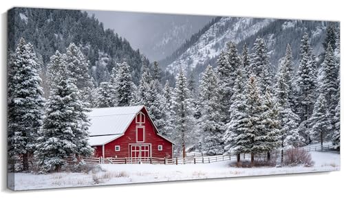 CXVU Christmas Tree Farm Wall Art Framed, Winter Red Barn