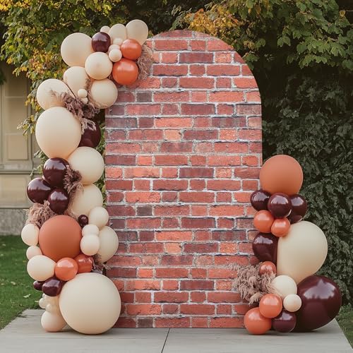 Chiara 7.2FT Red Brick Arch Backdrop Spandex, Wrinkle Free Fitted Arch Background Cover for Farmhouse Style Vintage 2-Sided Round Top Wedding Photography Birthday Baby Shower