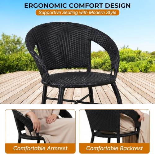 Image of DEVOKO Outdoor 3-Piece Water-Resistant Wicker Patio Chair Table Set with Glass Top Table & Durable Metal Frame for Balcony, Garden (Black)