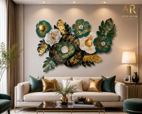 Image of AR Home Decor Metal Floral Wall Art Teal Green Black Gold | Handcrafted Iron, 3D Floral Design, Powder-Coated Finish, Rust-Resistant, Easy to Install
