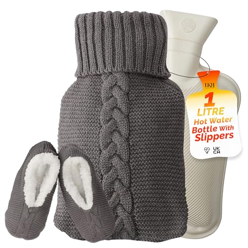 LKH Hot Water Bottle with Cover UK 1 Litre with Soft Slippers Set – Rubber Hot Water Bag with Knitted Cover for Adults – Pain Relief, Cold & Hot Therapy, Winter Warmer Gift for Her