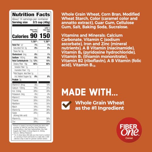 Image of Fiber One Cereal, Original Bran, High Fiber Cereal Made with Whole Grain, 19.6 oz