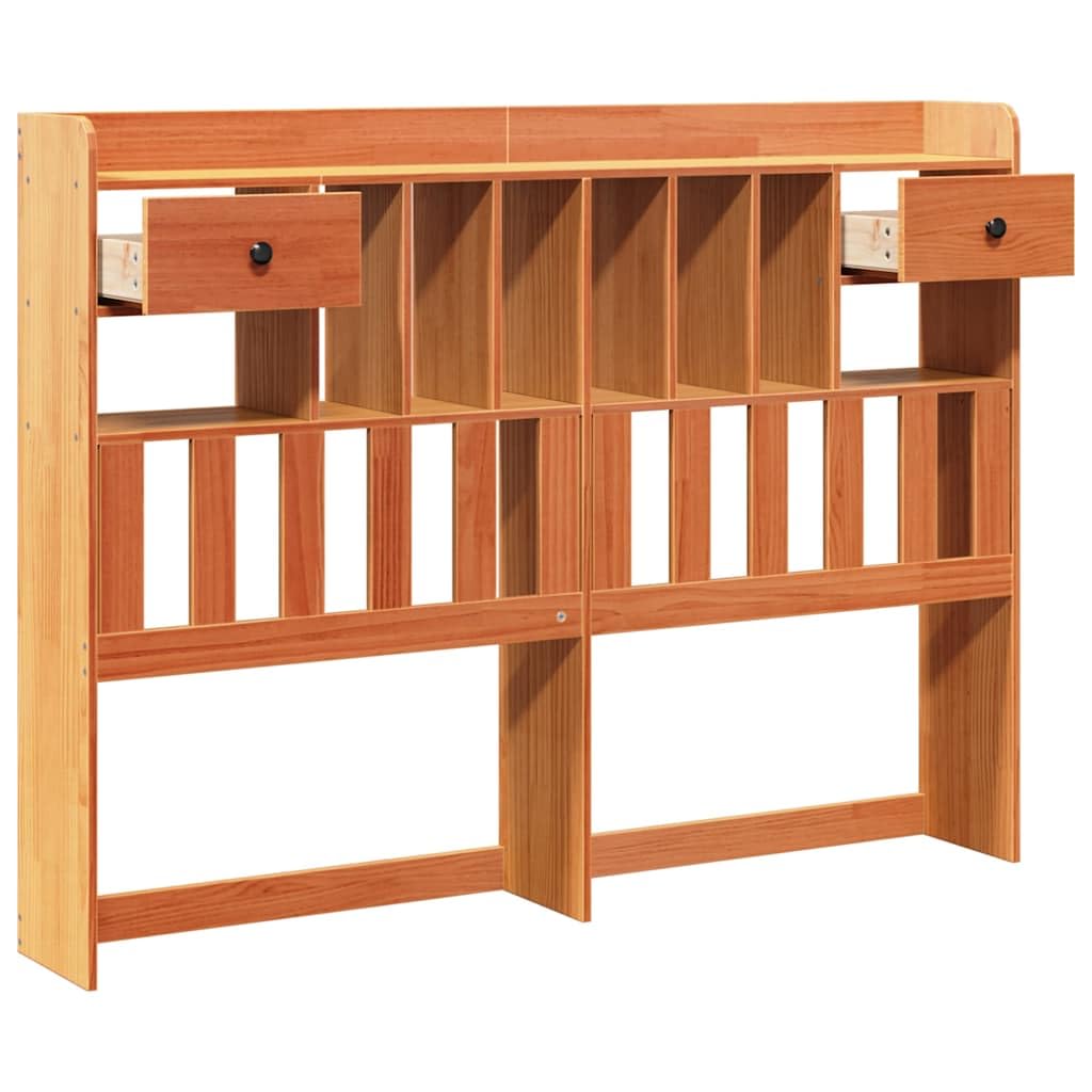 Cabecero de pino encerado 150 cm, cama trasera 6 compartimentos, 2 cajones, independiente colchón 150