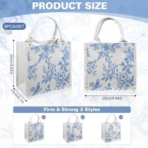 Bolsa tote de arpillera floral azul y blanca con asas miniatura 4