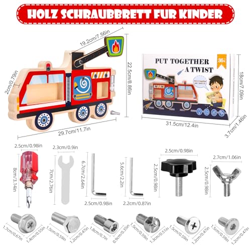 Feuerwehrauto Holzspielzeug mit Schrauben und Werkzeug - Montessori Lernspielzeug ab 3 Jahre - Motorikspielzeug zum Schrauben - Geschenk für Jungen und Mädchen