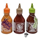 3er Set Sriracha Hot Chili Sauce Flying Goose 3 x 200 ml Chilli Soße (Sorten: Mint-Garlic-Mayo) mit esnado Drachenanhänger…