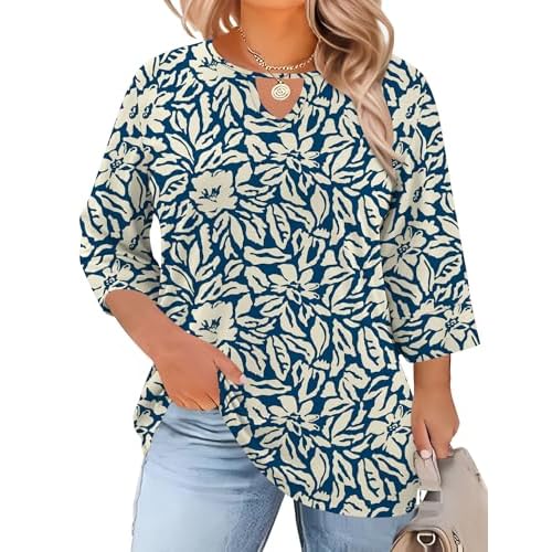 Rapbin Womens Plus Size Tops 3/4 Length Sleeve Shirts Crewneck Dressy Casual Blouses Trendy Keyhole Tunic Top XL-5XL Blue Apricot Floral 3X-Large