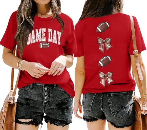 Football Shirts for Women Game Day Football Mom Tshirt Soccer Lover Bow Graphic Tee Shirt3