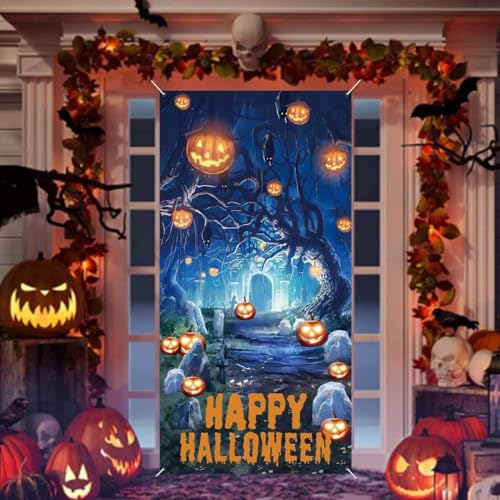 Zliisang Happy Halloween Graveyard Decorations Door Cover Large Scary Pumpkin Cats Creepy Door...