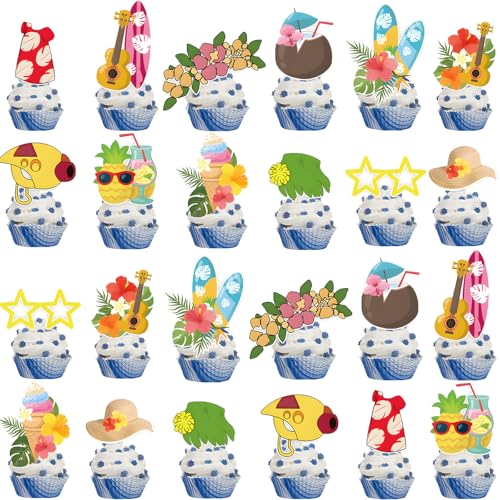 48 Pcs Hawaiian Cupcake Toppers Pineapple Flower Palm Tree Cake Picks Aloha Cake Decorations for Summer Hawaiian Luau Theme Party Supplies
